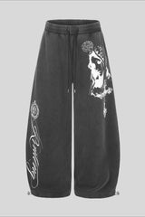 Washed Graffiti Print Wide Leg Sweatpants