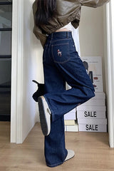 Embroidered Print Wide Leg Denim Jeans