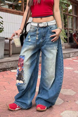 Loose Fit Cartoon Patch Wide Leg Jeans