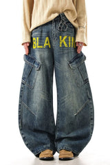 Yellow Typography Cargo Wide Leg Jeans