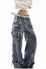 Deconstructed Buckle Cargo Wide Leg Jeans