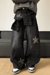 Leopard Print Patchwork Tie Loose Wide Leg Retro Jeans