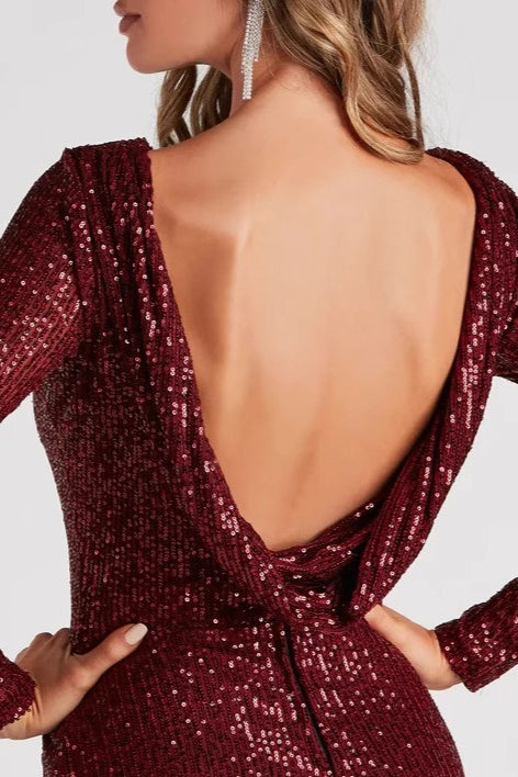 Sexy Long Sleeve High Slit Maxi Beaded Sequin Dress