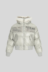 Fur Hood Newspaper Patch Cropped Puffer Jacket