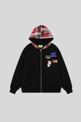 Plaid Panel Patch Full Zip Hoodie