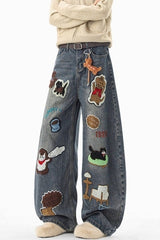 Cartoon Patch Embroidered Wide Leg Jeans