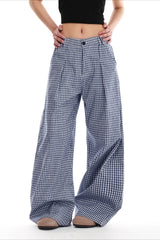 Blue Plaid Pleated Wide Leg Pants