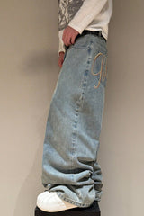 Graffiti Letter Embroidered Straight Leg Jeans