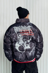 Bear Graphic Marble Print Puffer Jacket