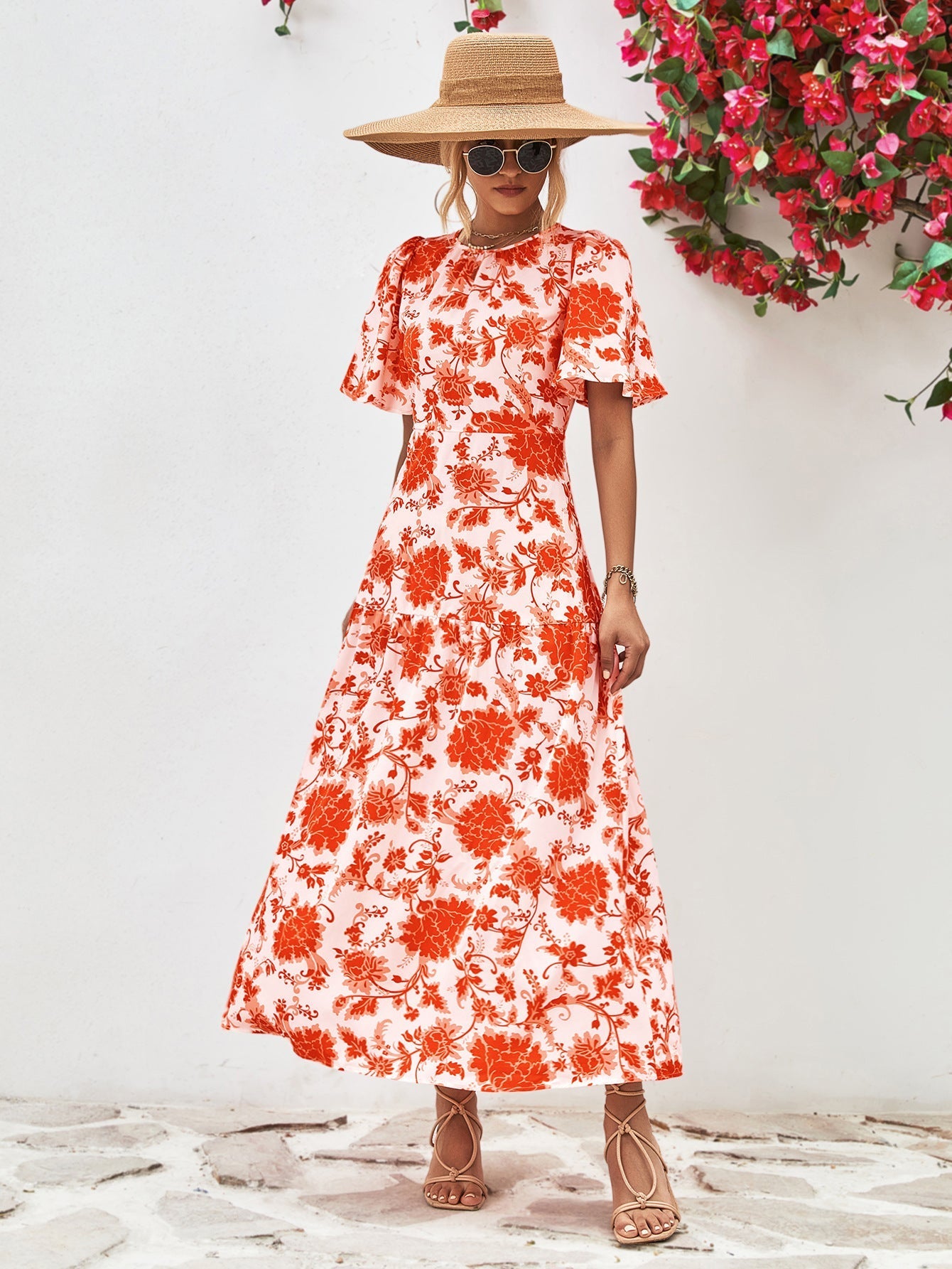Floral Neck Tied Open Back Dress