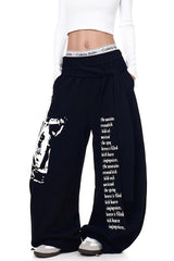 Layered Typography Ribbon Barrel Leg Sweatpants