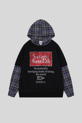 Layered Plaid Typography Pullover Hoodie