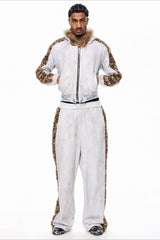 Leopard Faux Fur Trim Zip Up Hoodie