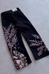 Samurai Blossom Embroidered Wide Leg Jeans