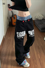 Double Waist Typography Wide Leg Jeans