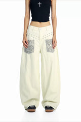 Leopard Pocket Stud Wide Leg Jeans