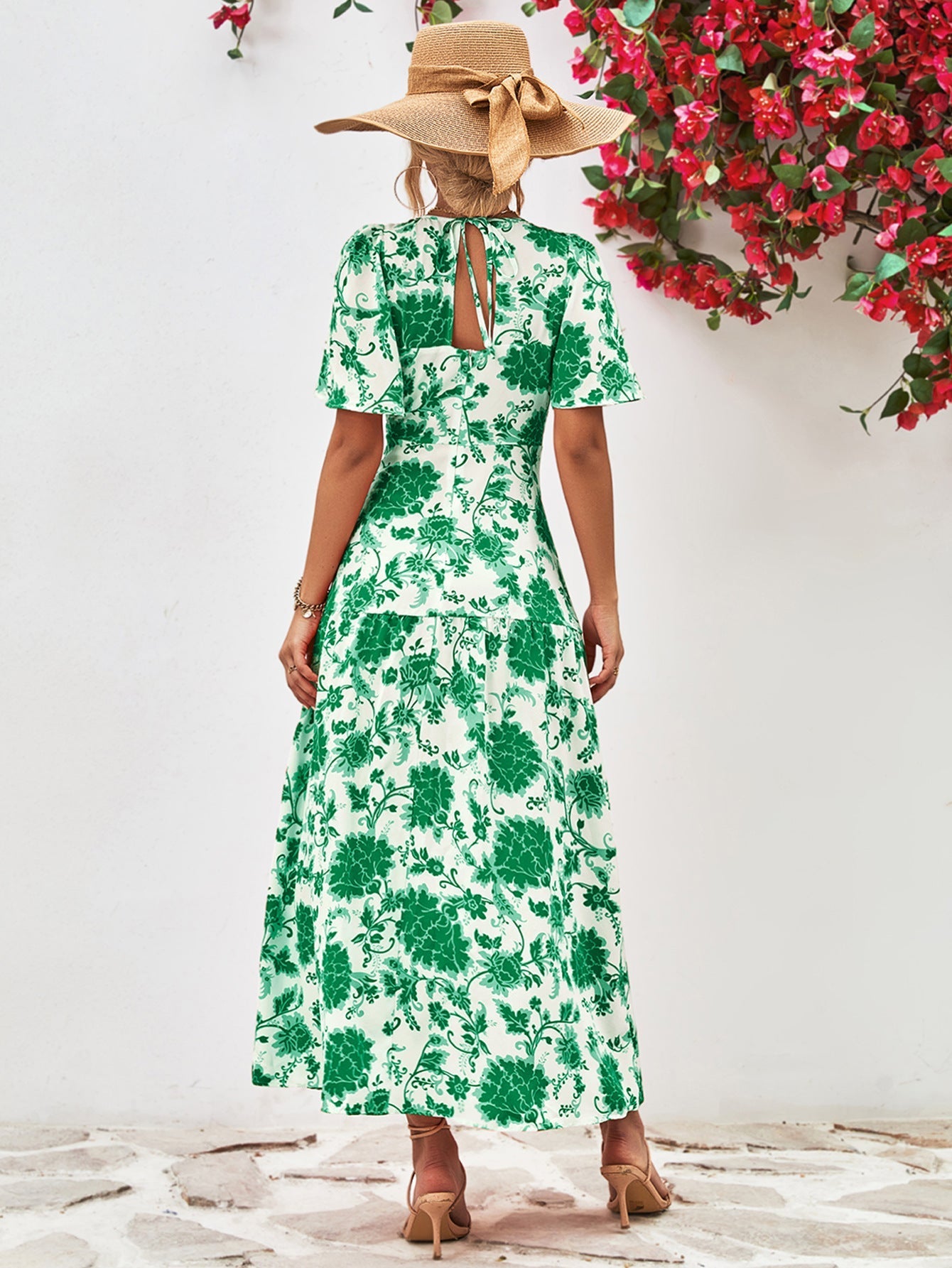 Floral Neck Tied Open Back Dress
