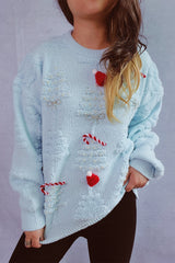 Christmas 3D Tree Pearl Solid Flocked Sweater Blue / S