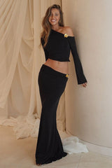 One Shoulder Metal Detail Flared Sleeve Top High Waist Skirt Set