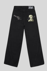 Skeleton Embroidered Wide Leg Black Jeans