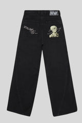 Skeleton Embroidered Wide Leg Black Jeans