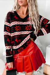 Christmas Reindeer Jacquard Folk Contrast Loose Sweater Black / S