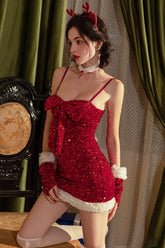 Christmas Fuzzy Sequined Spaghetti Strap Bow Bodycon Party Dress