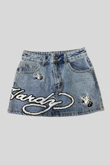 Y2K Embroidered Typography Denim Mini Skirt