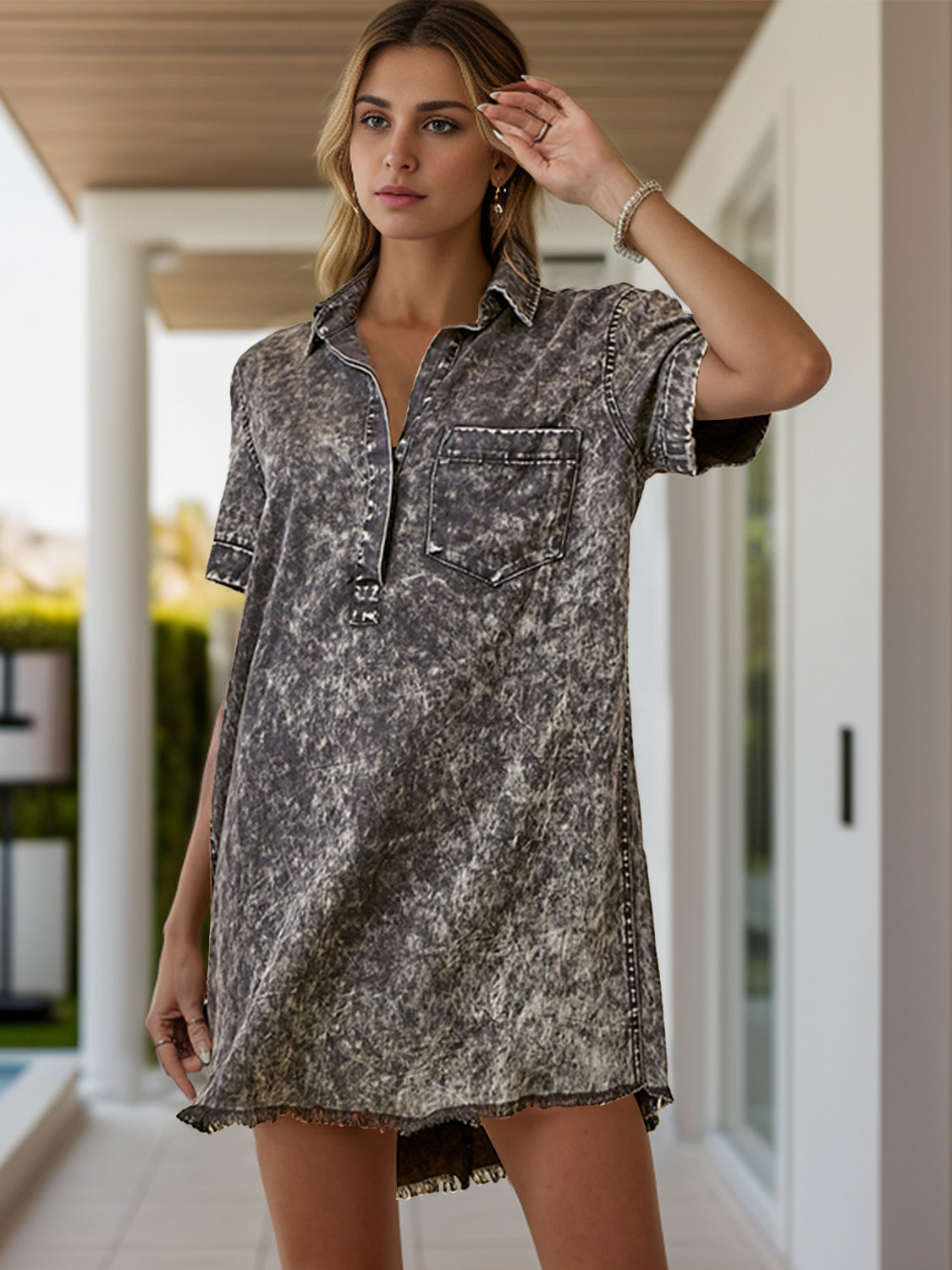 Virelli UrbanEase Denim Dress Pocketed Collared Short Sleeve Denim Dress