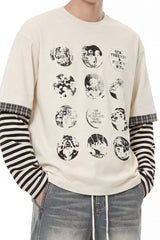 Manga Graphic Striped Layered Long Sleeve Tee