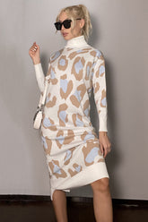 Elegant Leopard Turtleneck Sweater Maxi Dress