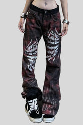 Washed Plaid Graphic Baggy Jeans