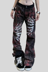 Washed Plaid Graphic Baggy Jeans
