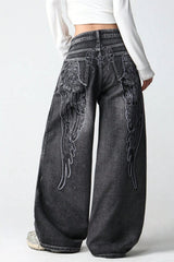 Wing Embroidered Baggy Wide Leg Jeans