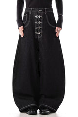 Deep Wash Draped Wide Leg Denim Jeans