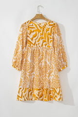 Orange Bohemian Print Puff Sleeve Tied V Neck Flared Mini Dress