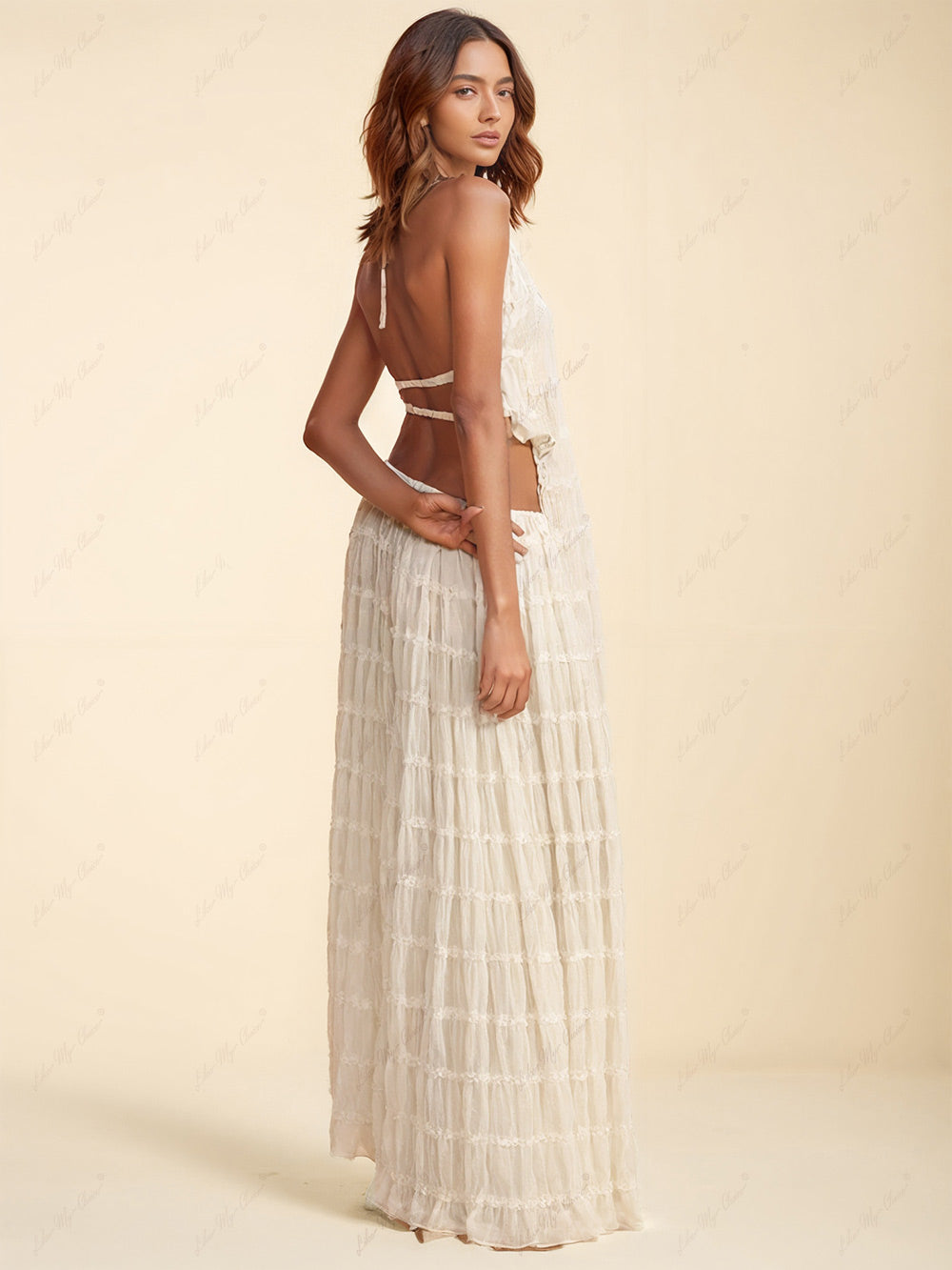 Charm Pleated Drawstring Charming Waist Tiered Maxi Skirt