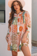 Orange Boho Paisley Mixed Print 3/4 Sleeve Chiffon Loose Dress