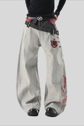 Red Script Double Waist Flared Jeans