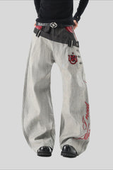 Red Script Double Waist Flared Jeans