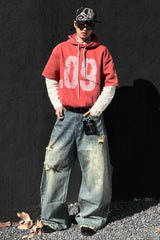 Layered Sleeve Number Graphic Hoodie