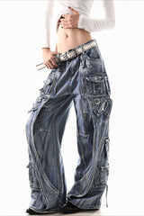 Deconstructed Buckle Cargo Wide Leg Jeans