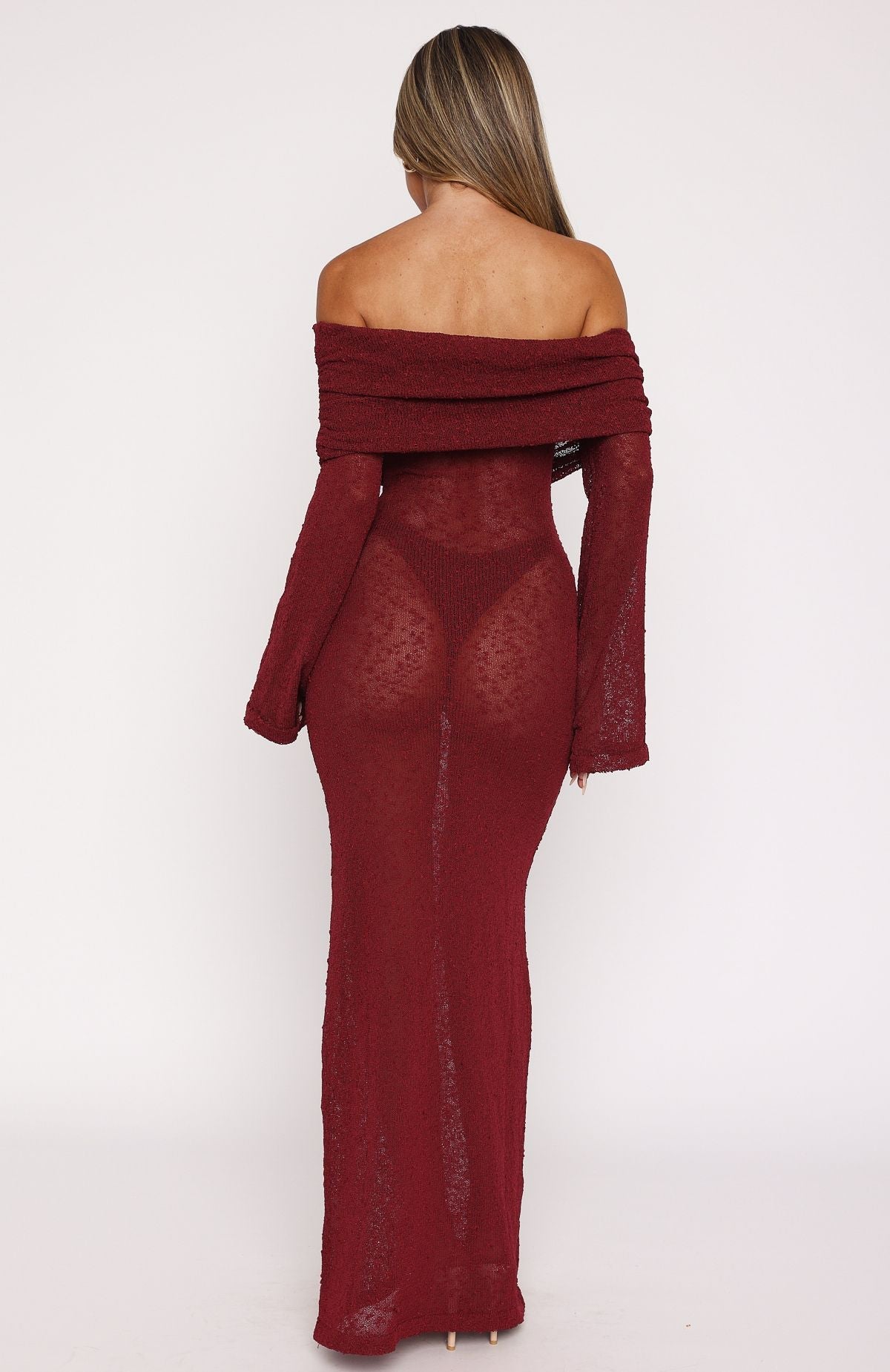 Made It Out Long Sleeve Boucle Maxi Dress Burgundy