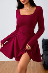 Ruched Solid Square Neck High Waist Elegant Mini Dress