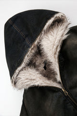 Washed Denim Faux Fur Lined Hooded Coat