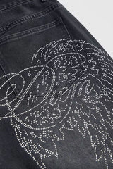 Wing Graphic Rhinestone Wide Leg Jeans