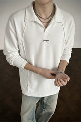 Studded Polo Collar Relaxed Fit Pullover Sweatshirt