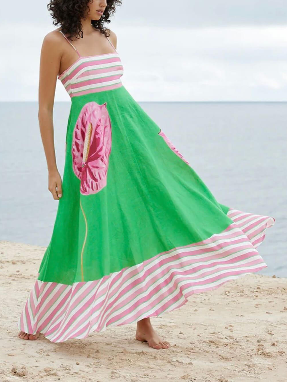 Floral Print Paneled Charming Striped Suspender Mixi Dress