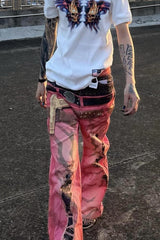 Pink Graphic Double Waist Flared Jeans