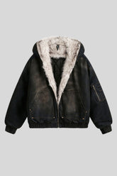 Washed Denim Faux Fur Lined Hooded Coat